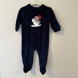 Samara Navy Blue Velour Teddy Bear Rocking Horse Footed Sleeper 6-9 Months